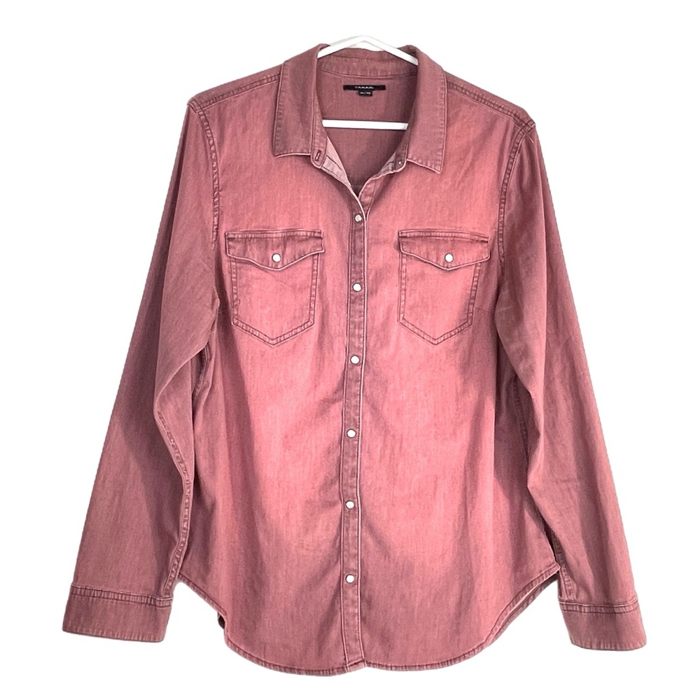Tahari Pink Chambray Western Pearl Snap Long Sleeve Shirt XL